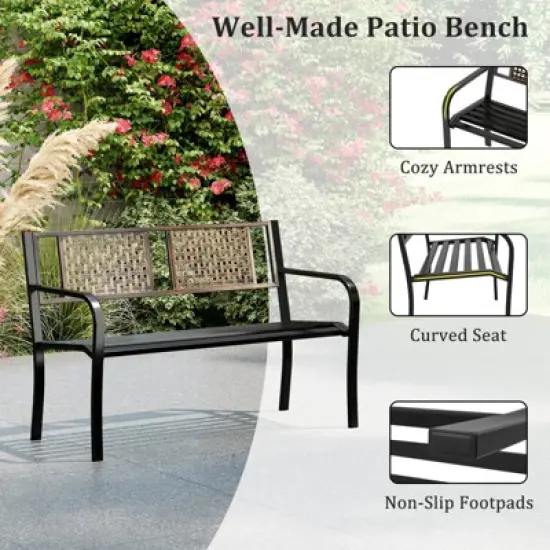 Costway 50" Outdoor Metal Park Bench with Rattan-Like Backrest & Curved Armrests image {8}