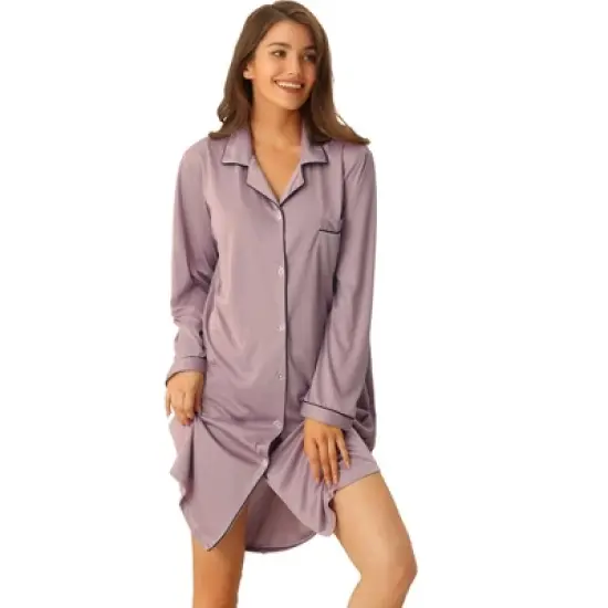 cheibear Womens Satin Button Down Long Sleeve Silky Boyfriend Nightshirt image {6}