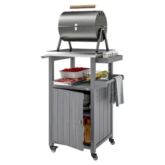 Outsunny Outdoor Grill Cart with Wheels, Storage Cabinet, Solid Wood Outdoor Kitchen Island with Stainless Steel Top, Integrated Hole image {6}