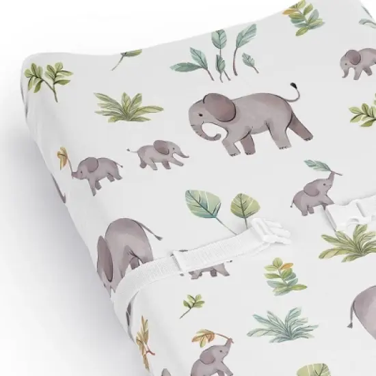 Sweet Jojo Designs Gender Neutral Unisex Changing Pad Sheet Watercolor Elephants Grey Green and Blue image {3}
