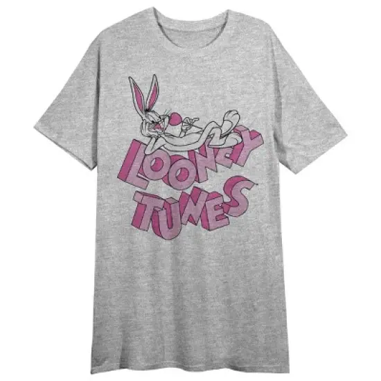 Looney Tunes Bugs Bunny and Series Title Logo Women's Gray Short Sleeve Crew Neck Sleep Shirt image {5}