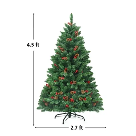 Costway 4.5Ft\6.5Ft\7.5Ft Pre-lit Hinged Christmas Tree w/ Pine Cones Red Berries and 300\450\450 LED Lights image {4}