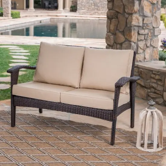 Christopher Knight Home Honolulu 49" Outdoor Wicker Loveseat with Cushions image {1}