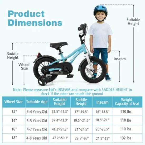 Costway 12"/14"/16"/18" Kids Bike for 3-4 Years Old Boys & Girls with Adjustable Seat Handbrake Reflectors Blue/Purple/Red image {2}