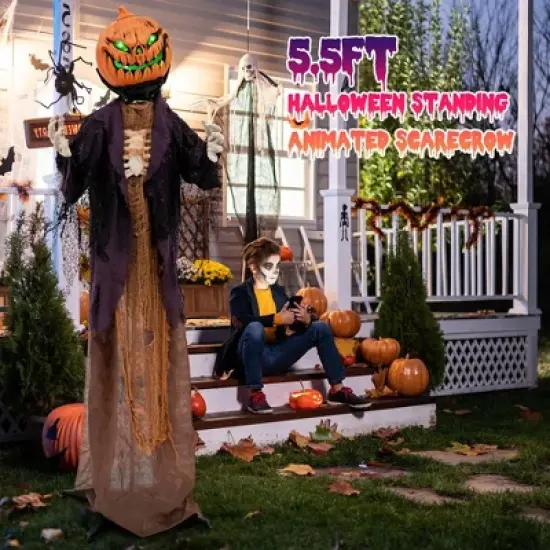 Costway 5.6 FT Halloween Animated Standing Pumpkin Scarecrow with Weird Phrases & LED Eyes image {2}