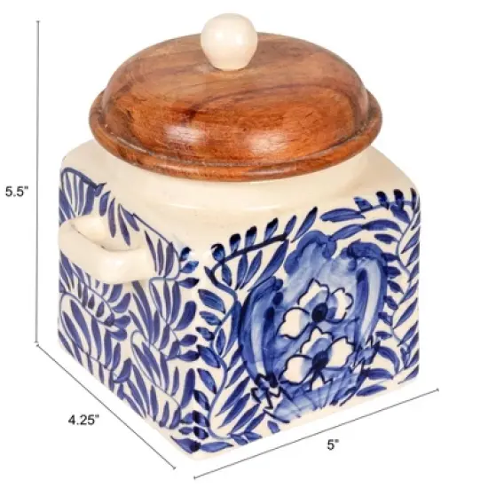 Storied Home Hand-Painted Stoneware Canister with Design, Acacia Wood Lid and Spoon, Cream, Blue and Natural image {1}