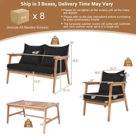 Costway 8PCS Patio Rattan Furniture Set Wooden Cushioned Sofa with Black & Turquoise Cover image {2}