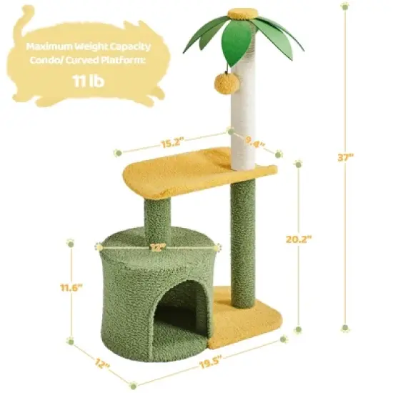 Yaheetech 37&Prime; Tall Coconut Palm Cat Tree with Natural Sisal Rope Green/Yellow Green image {2}