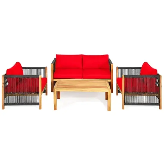 Tangkula Outdoor Patio Wood Conversation Furniture Set Padded Chair with Coffee Table Red/Turquoise image {5}