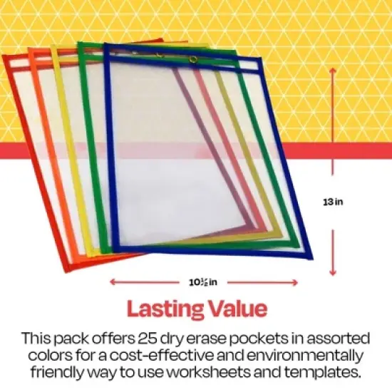 School Smart Reusable Dry Erase Pocket Sleeves, 10-1/2 x 13 Inches, Assorted, Set of 25 image {3}