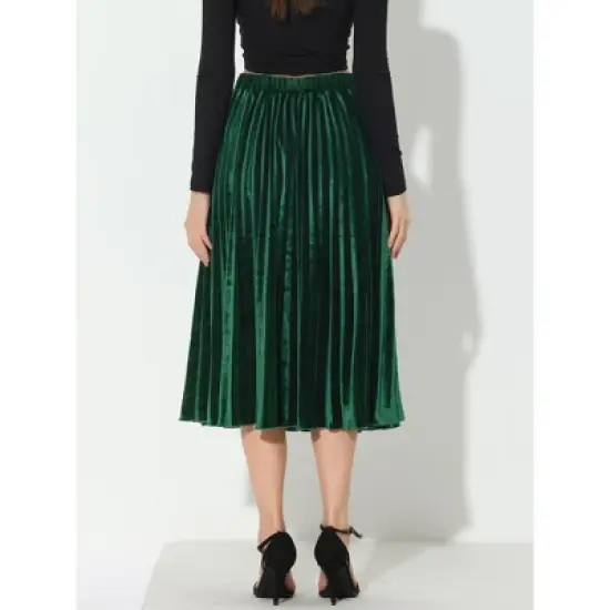 Allegra K Women's High Elastic Waist Velvet Pleated Swing Midi Skirt image {3}