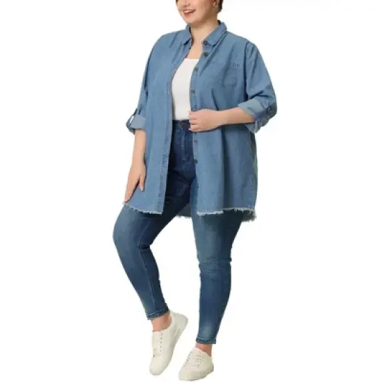 Agnes Orinda Women's Plus Size Lightweight Button Down Denim Long Sleeve Shirt Jacket image {9}