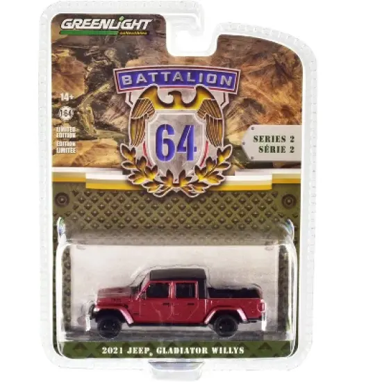 2021 Jeep Gladiator Willys Truck Snazzberry Red Met. w/Black Top "Battalion 64" Release 2 1/64 Diecast Model Car by Greenlight image {2}