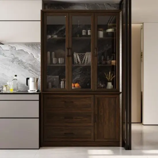 Famapy Modern Kitchen Hutch with Glass Doors,Multi-Drawer Kitchen Organizer,Kitchen Pantry with Storage,Easy Assembly,Perfect for Any Kitchen Layout image {9}