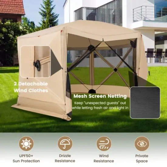 Costway 11.5 X 11.5 FT 6-Sided Pop-up Screen House Tent With 2 Wind Panels for Camping Coffee/Green image {6}