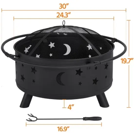 Yaheetech 30" Outdoor Fire Pit Set Heating Warm Equipment Including Poker Mesh Cover with Stars Moons Pattern Black image {3}