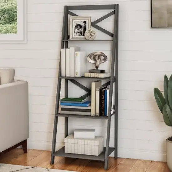 Hastings Home Ladder Bookcase X Back Frame, Gray image {2}