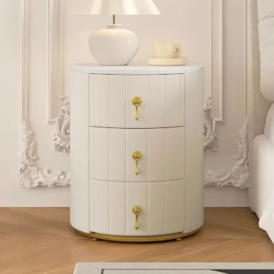 Sapphtopaz Round Night Stand with 3 Drawers Upholstered Bedside Table with Metal Handles, Marbling Stickers Top Nightstand for Bedroom image {6}