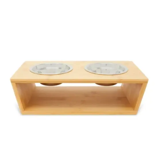 Zodaca 3 Piece Cat and Dog Pet Food Bowl set, Elevated Bamboo Stand, 2 Bowls, 4.5 x 13 In image {3}