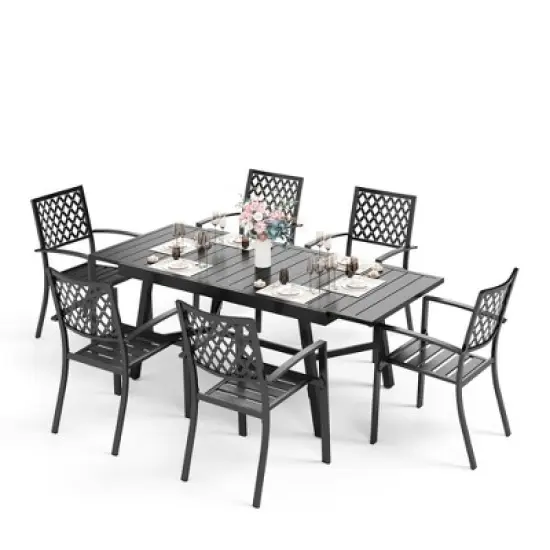Captiva Designs 7pc Outdoor Expandable Rectangle Dining Table & Stackable Metal Chairs image {15}