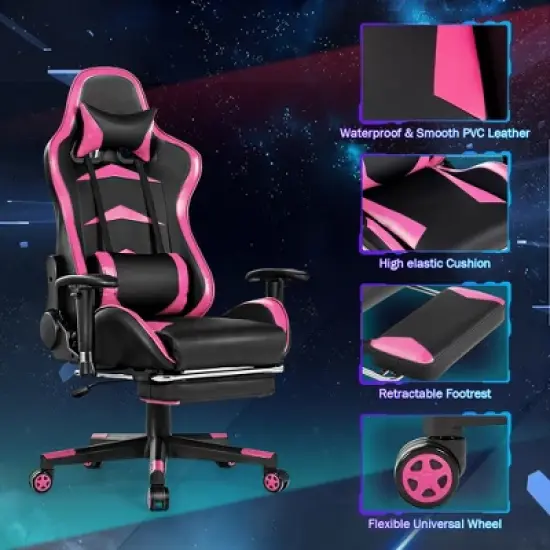 Costway Gaming Desk&Massage Gaming Chair Set w/ Footrest Monitor Shelf Power Strip Pink image {8}