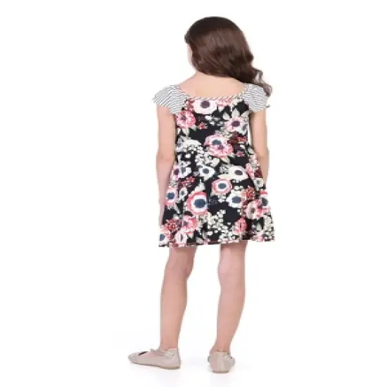 Knee Length Girls Black Floral Pocket Dress image {2}