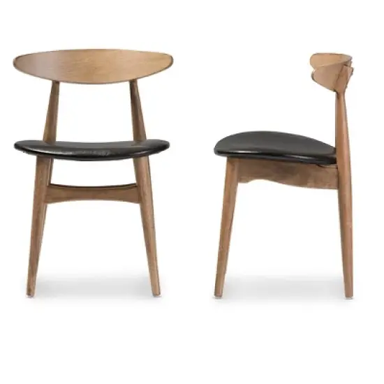 Set of 2 Edna Mid-Century Modern French Black Faux Leather & Oak Light Brown Finishing Wood Dining Chairs - Baxton Studio image {2}