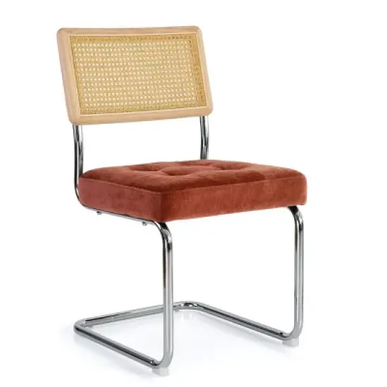Set of 2 Kylie 20.5" Wider Flannel Upholstered Tufted Seat With Metal Chrome Legs and Woven Rattan Backrest Dining Chairs - The Pop Maison image {3}