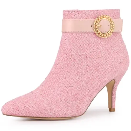 Allegra K Women's Buckle Stiletto High Heels Houndstooth Ankle Boots image {10}