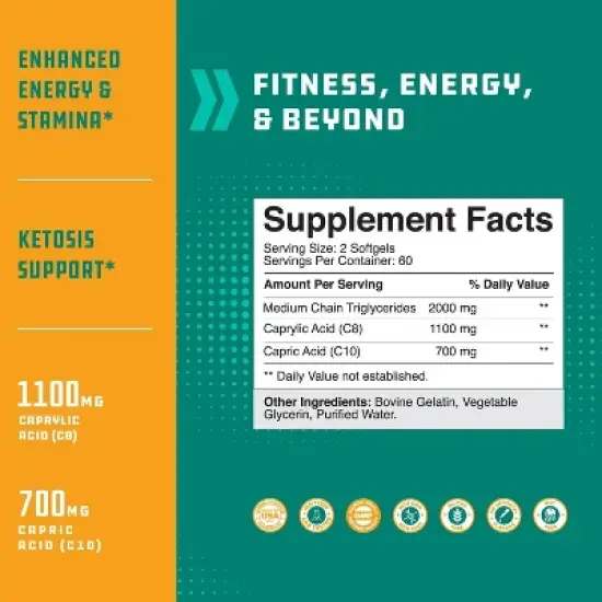 C8 Mct Coconut Oil Softgels, Capric Triglycerides Supplement for Body Sculpting, Enhanced Energy, Stamina & Weight Loss, Nature's Craft, 120ct image {2}