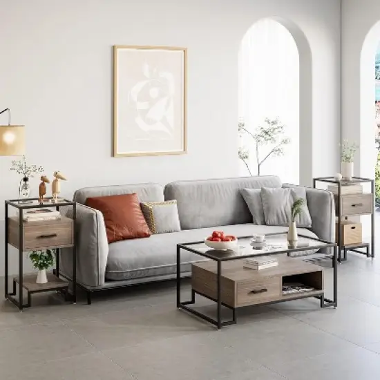 GustoWave 2PCS Nightstands with Storage Drawer, 3-Tier Shelving, Tempered Glass Top for Bedroom, Dorm - Black and Rustic Brown image {1}