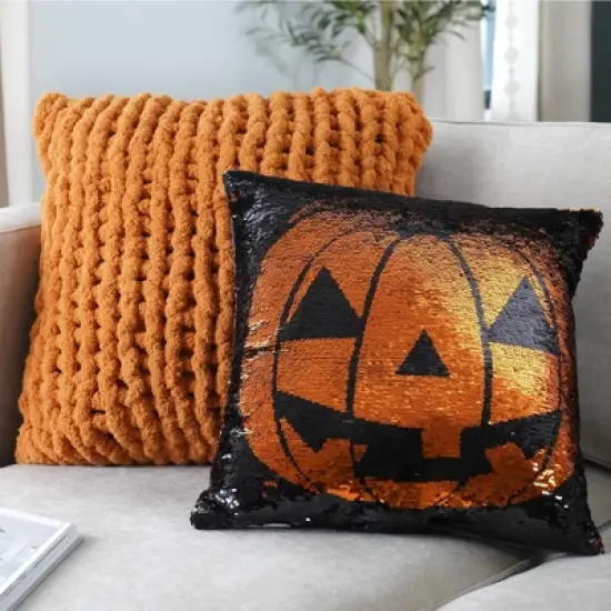 18"x18" Sparkle Pumpkin Halloween Square Throw Pillow Black/Orange - Lush D&eacute;cor image {3}