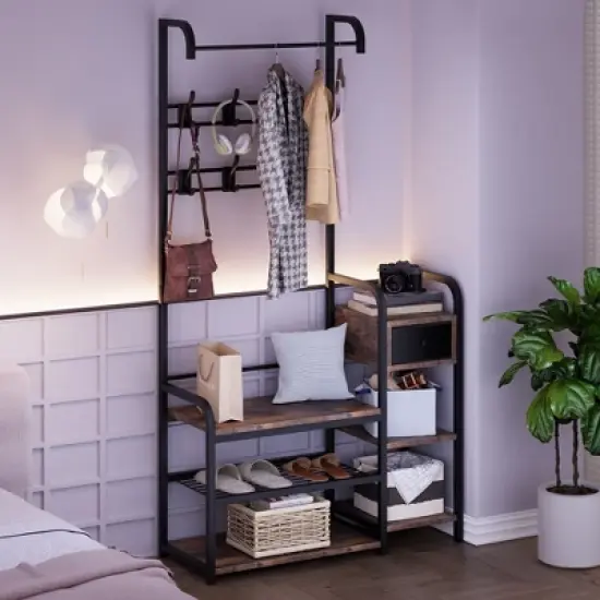 Hall Tree Storage Bench for Entryway, Coat Rack Cloth and Shoe Bench with Drawer for Small Spaces, Bedroom 5-in-1 8 Hooks Coat Rack Storage Shelf image {2}