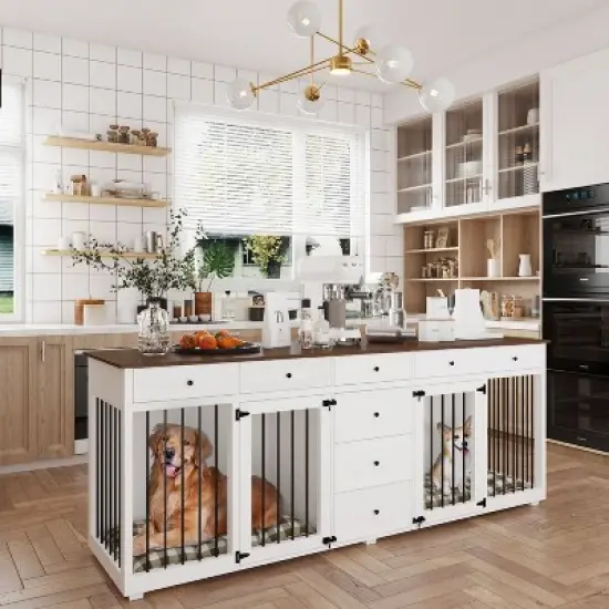 Famapy Large Dog Crate Furniture with Drawers Multifunctional Furniture Style Pet Crate White image {8}
