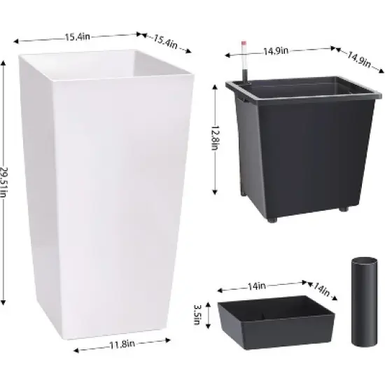 30" Tall Planters, Set of 2, Black Outdoor/Indoor Pots with Drainage Holes, Water Level Monitor, Inner Bucket & Auto Watering, White image {4}