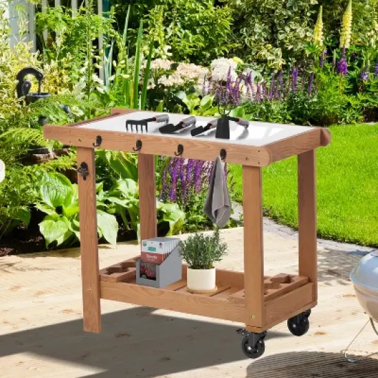 Whisen Wooden Garden Cart with Wheels & Metal Top image {13}