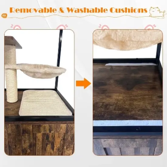 Jojoka Pet Litter Box Enclosure, Hidden Cat House Furniture with Metal Frame, Cat Tower with Storage, Barn Door, and Wheels image {3}