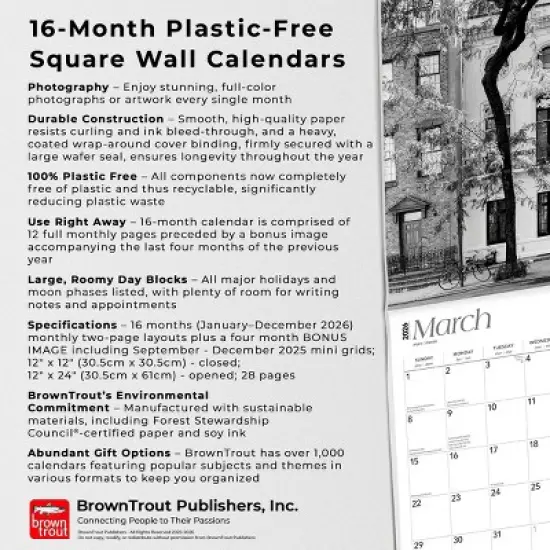 BrownTrout New York City Black and White 2026 12"x24" Hanging Square Wall Calendar Plastic-Free image {5}