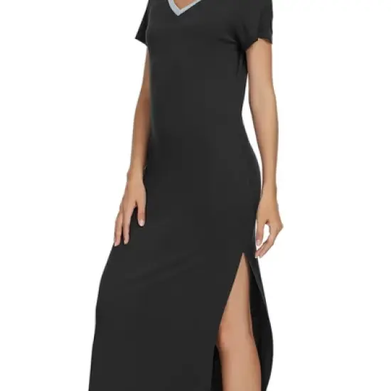 cheibear Womens Sleepwear Long Pajama Dress with Side Slit Nightshirt Lounge Nightgown image {4}