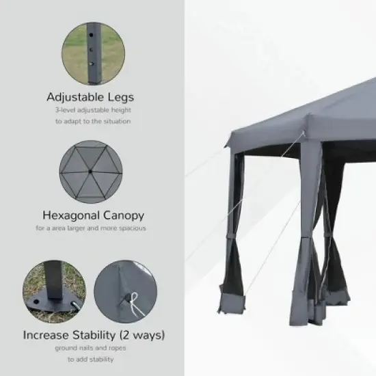Resenkos Patio Garden Pergola, Pergola Canopy,13' x 11' Hexagonal Pop Up Gazebo with 6 Mesh Sidewall Netting, 3-Level Adjustable Height, Gray Dark image {7}