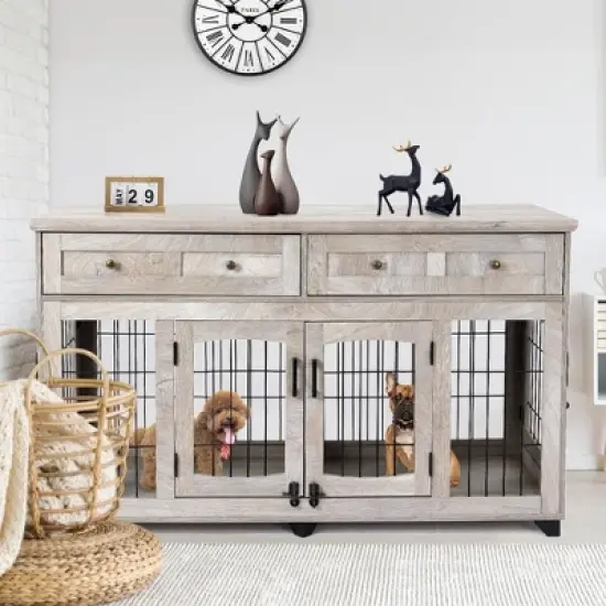 58" Wooden Dog Crate Furniture with Openable Partition, 2 Drawers, 5-Doors, 2 Rooms and TV Stand Function, Ideal for Indoor Use (Grey) image {5}