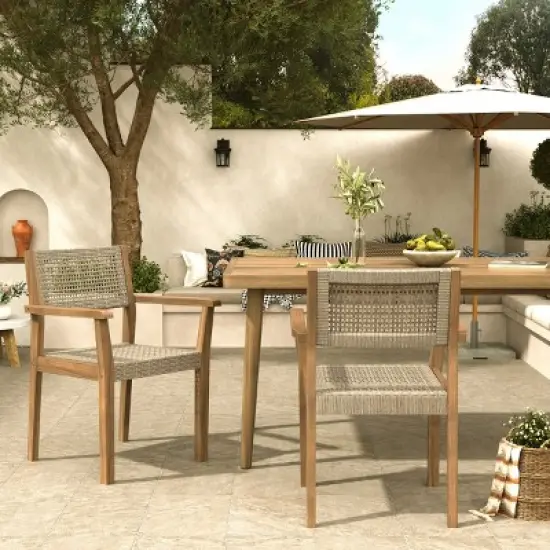 2pc Outdoor Dining Chairs, Solid Acacia Wood Frame with Wicker Backrest, Weather-Resistant Patio Seating for Garden or Deck - Coolbibila image {7}