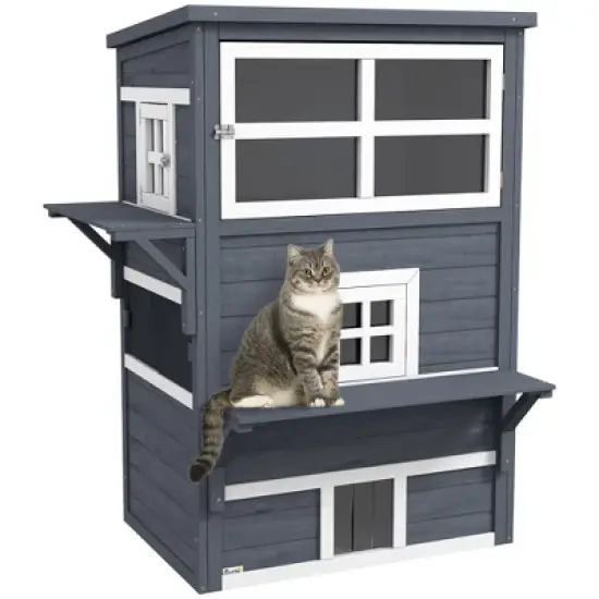 Gulches PawHut 3-Story Cat House Feral Cat Shelter, Outdoor Kitten Condo Jumping Platforms, Dark Gray image {2}