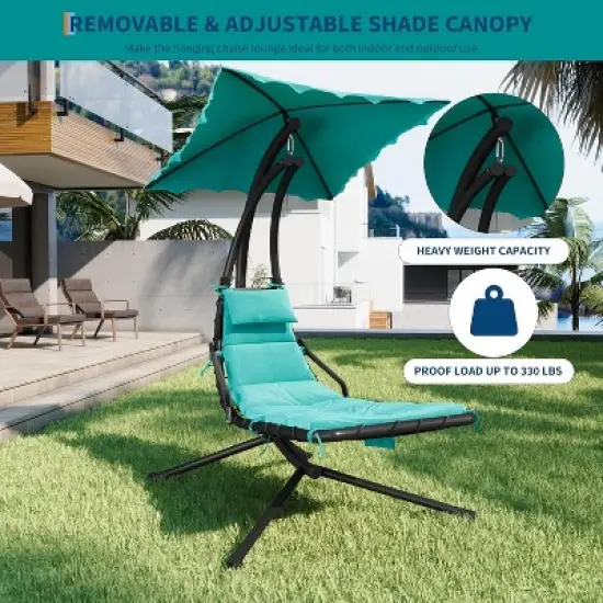 Hanging Chaise Lounge Chair, Ergonomic Outdoor Swing with Canopy & Cushion, Patio Garden Poolside, Dream Hammock + Mat image {5}