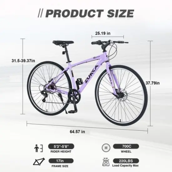 NAYSAYE Bicycle 7 Speed Hybrid Bike Aluminum Frame Double Disc Brakes for City Adventures, Purple, 64.57"*25.19"*37.79" image {4}