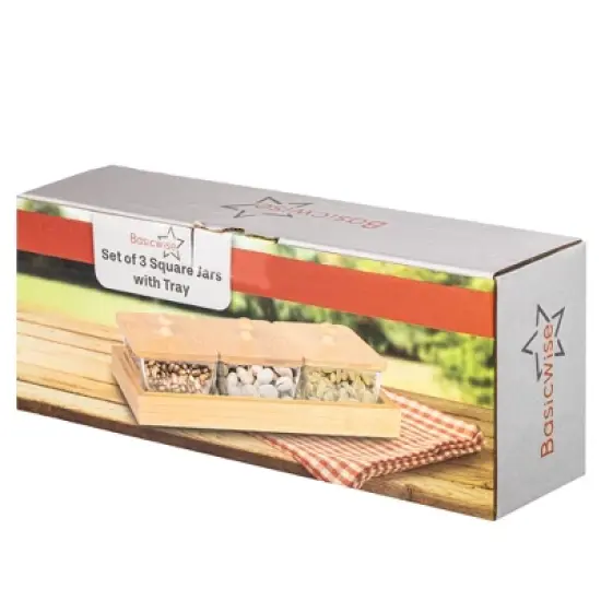 Basicwise Glass Jars with Bamboo Lids and Wooden Tray &ndash; Rectangular Charcuterie, Snack Organizer and Fruit Platter for Party, Candy Jars,and Cookies image {9}