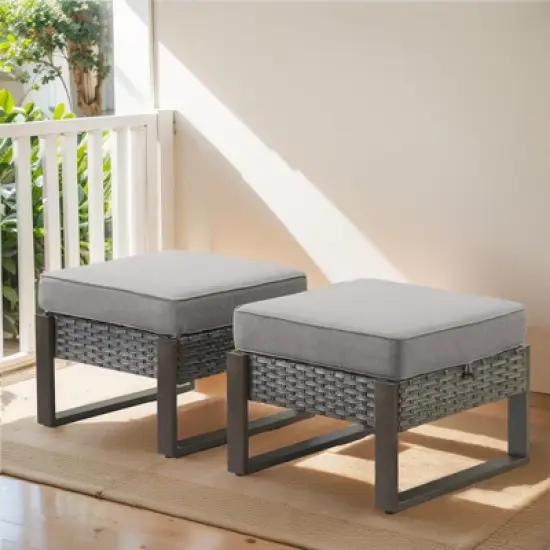 Buenhomino Patio Ottomans Set of 2, Outdoor Wicker Footrest with Thickened Cushions, Multipurpose Metal Patio Furniture for Backyard and Deck Use image {7}