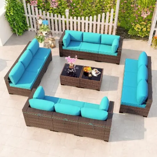 ALAULM 14 Pieces Outdoor Patio Furniture Set Outdoor Sectional Rattan Sofa Set Brown Manual Wicker Patio Conversation Set image {7}