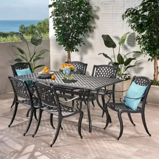 Christopher Knight Home Bonneville Outdoor Cast Aluminum 7 Piece Dining Set with Umbrella Hole, Antique Matte Black image {8}