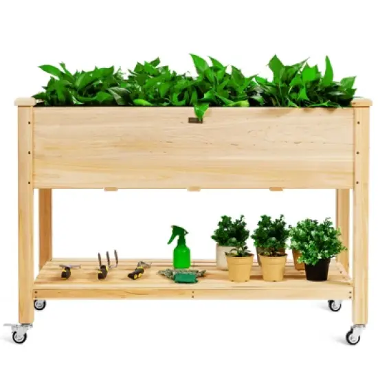 Tangkula Elevated Garden Bed Wood Planters with Storage Shelf Wheels & Liner Suitable for Vegetable Flower Herb image {6}